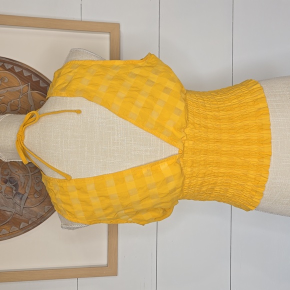 Anthropologie Maeve Yellow Gingham Smocked Halter Neck Plunge Tank Size Large - Picture 3 of 11
